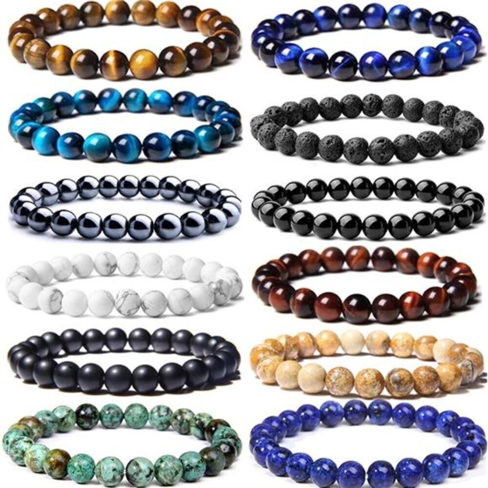 12PCS 8mm Semi-Precious Gemstones Beaded Bracelets for Men Women Tiger Eye